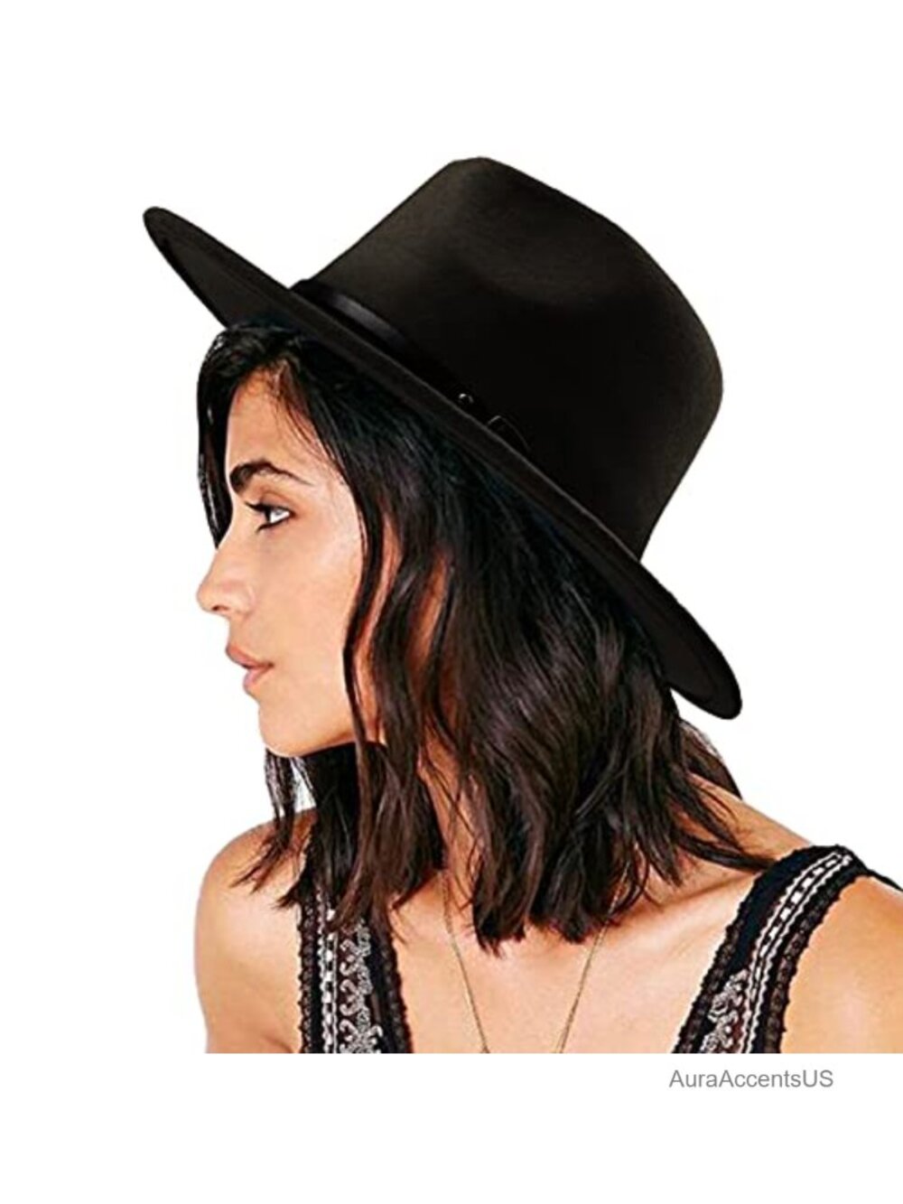 Women Felt Fedora Wide Brim Floppy Panama Hat with Belt Buckle